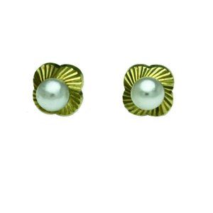 14K Solid Yellow Gold Flower Pearl Stud Earrings